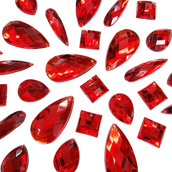 Red Acrylic Rhinestones Sew On Stones  Different Shapes Gems with Holes by the Pack, A1
