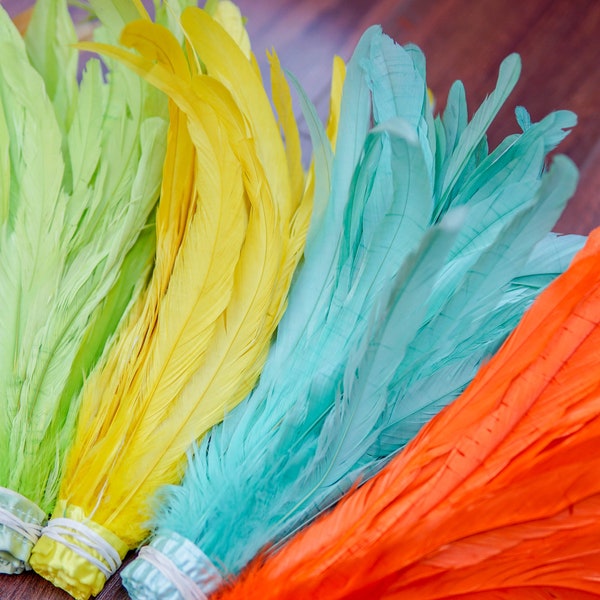 10-12" Bleached Dyed Coque Fringe, Rooster Tail Colored Fringe, Strung Cock Feather Fringe by half yard (18")