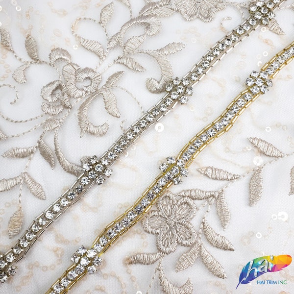 Beaded Crystal Rhinestone Trimming, Wedding Elegant Formal Rhinestone Trim, Rhinestone Trim by the piece (1 yard), BRT-003