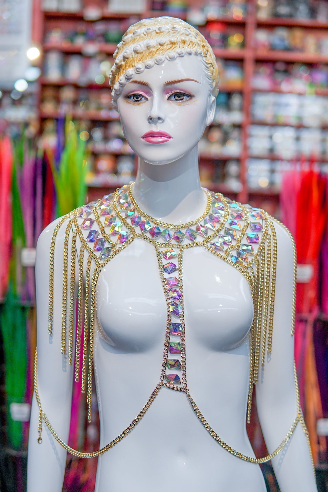 Gold Chain Dress, Rhinestone Chain Dress, Dancer Jewelry, Red Festival