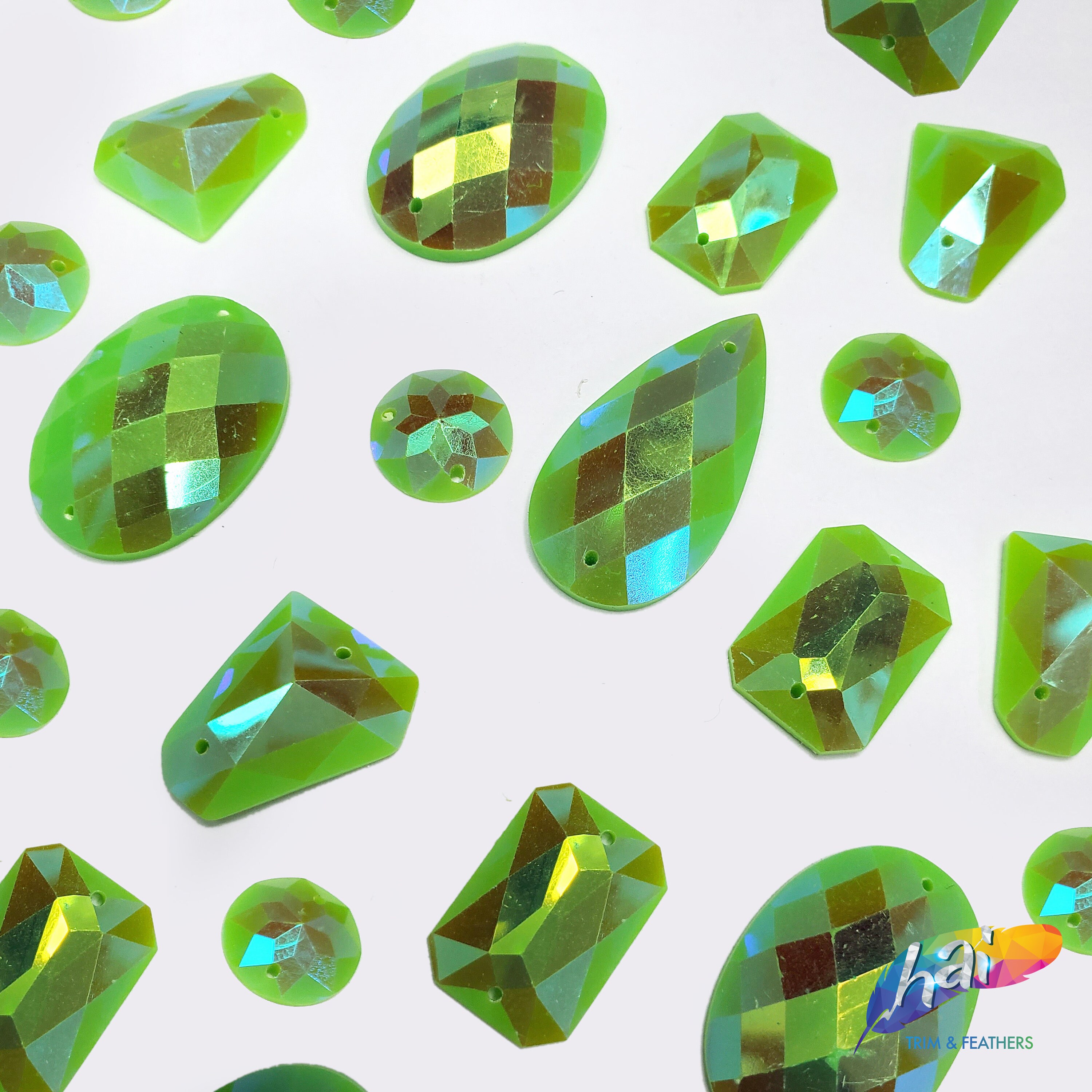 Loose Matte Lime Green AB Resin Rhinestones Sew On Iridescent Different Shapes Crystals Gems with Holes by the Pack SSAB08