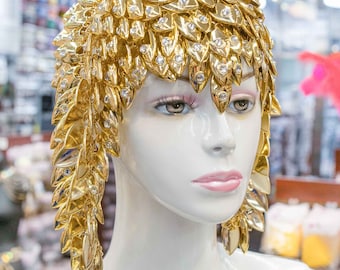 Gouden en zilveren drakenschaal strass ketting hoofdjurk, plastic hoofdketting, gouden haarketting sieraden, unieke modepruiken, festivalhoofddeksel