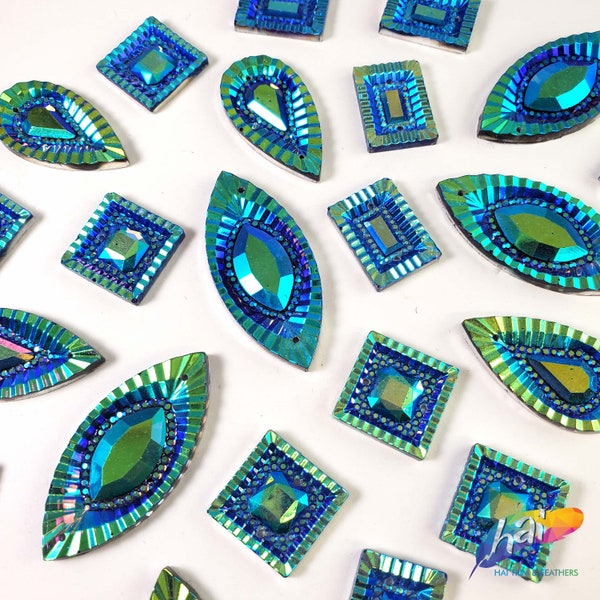 Loose Textured Blue Green AB Resin Rhinestones Turquoise Sew On Iridescent Shapes Crystals Gems with Holes by the Pack #02