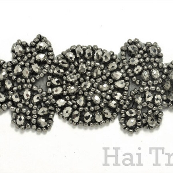 Navy Blue Jet Hematite Beaded Applique, Performance Dance Headpiece Glass Beaded Motif, BA-003