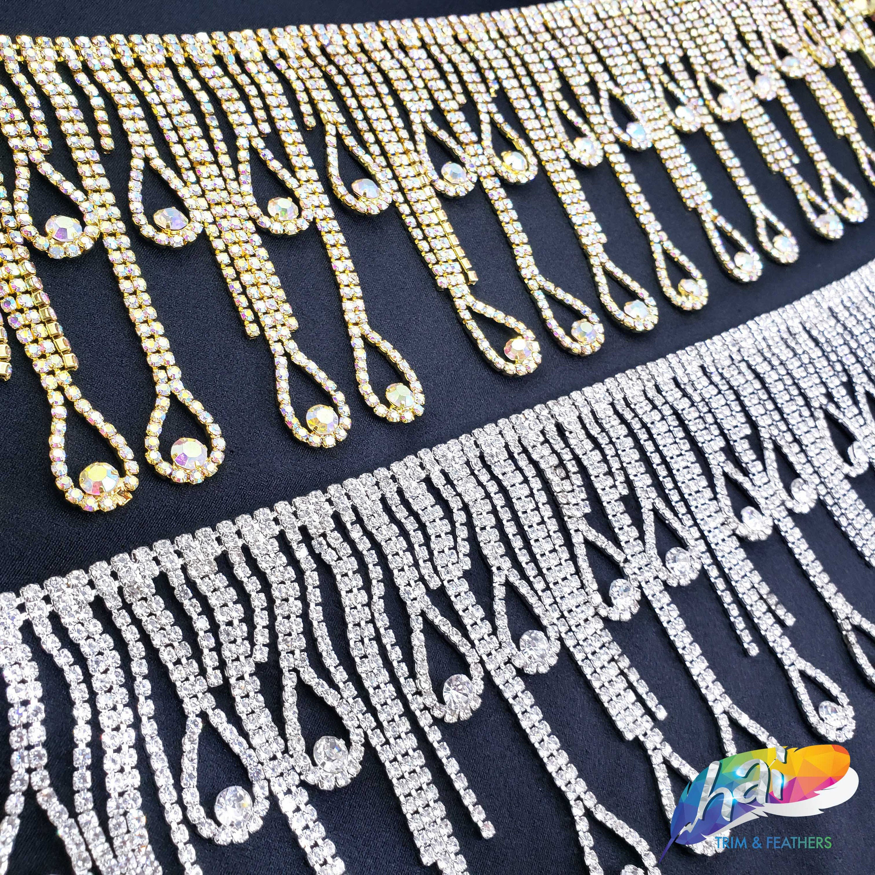 Gold Iridescent Rhinestone Fringe, Silver Crystal Rhinestone