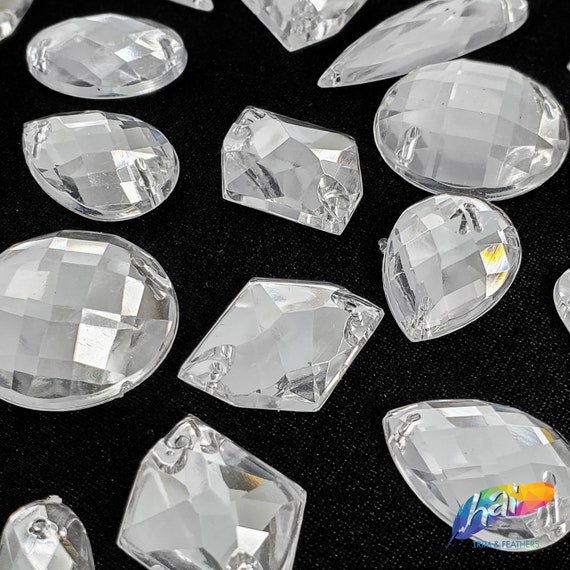 Clear Acrylic Rhinestones Crystal Sew on Stones Different Shapes White Gems  With Holes by the Pack 
