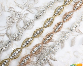 Beaded Crystal Rhinestone Trimming, Wedding Elegant Formal Rhinestone Trim, Rhinestone Trim by the piece (1 yard), BRT-001