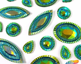 Loose Textured Green AB Resin Rhinestones Yellow Sew On Iridescent Shapes Crystals Gems with Holes by the Pack #08