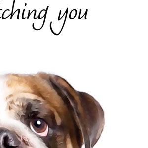 May include: A brown and white bulldog with a curious expression, looking up and to the right. The text "I'm watching you" is above the dog.