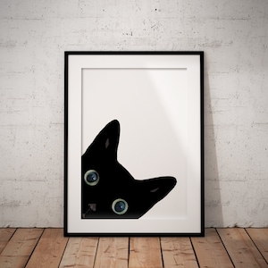 Black Cat Peeking Art Print: Cheeky Cat Portrait (UNFRAMED)