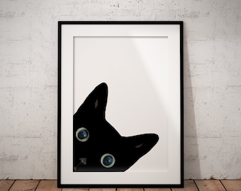 Black Cat Peeking Art Print: Cheeky Cat Portrait (UNFRAMED)