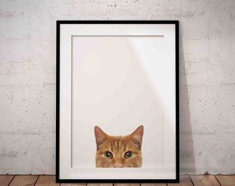 Ginger Cat Peeking Giclée Art Print, Personalized Cat UNFRAMED