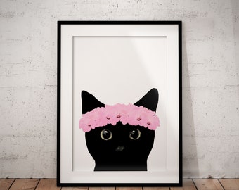 Fun Black Cat Print Cat Poster. Floral Crown Art Print Cat Print Wall Decor Wall Art Cat Lover Gift Black Cat Portrait Black Cat Art Print