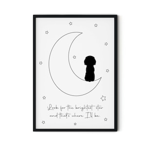 Silhouette épagneul/Springer/cocker assis sur la lune avec des étoiles, impression d'art giclée commémorative pour animal de compagnie avec personnalisation facultative, sans cadre