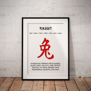 Impression giclée d'art horoscope lunaire chinois personnalisé zodiaque, année du lapin, cadeau de baby shower personnalisé d'anniversaire, sans cadre