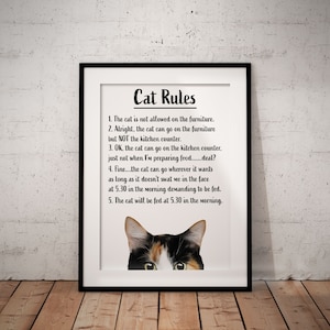 May include: A framed print with a white background and black text that reads "Cat Rules". The text lists five rules for cats, including not being allowed on the furniture, but being allowed on the kitchen counter when food is not being prepared. A calico cat peeks out from behind the bottom of the frame.