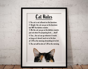 House Rules Fun Calico Cat With White Background Giclée Art Print, UNFRAMED