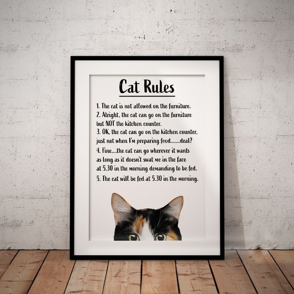 House Rules Fun Calico Cat With White Background Giclée Art Print, UNFRAMED