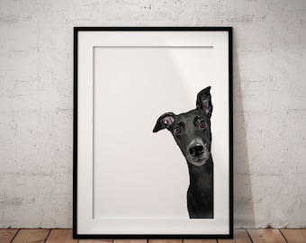 Peeking Black Greyhound Giclée Art Print, Custom Pet Name UNFRAMED