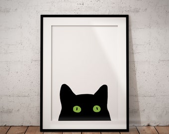 Fun Peeking Black Cat Art Print, Unframed