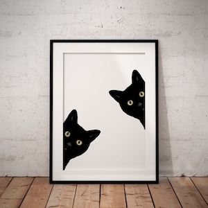 2 Peeking Black Cats Giclee Art Print With White Background And Optional Personalisation, UNFRAMED