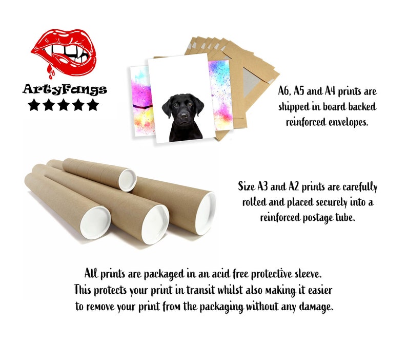 May include: A brown cardboard tube with white end caps. The tube is used for shipping rolled prints. The text "A6, A5 and A4 prints are shipped in board backed reinforced envelopes. Size A3 and A2 prints are carefully rolled and placed securely into a reinforced postage tube." is visible in the image.