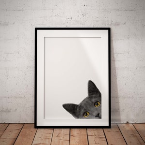 May include: A black and white illustration of a cat peeking out from the corner of a white picture frame. The cat has yellow eyes and is looking directly at the viewer.