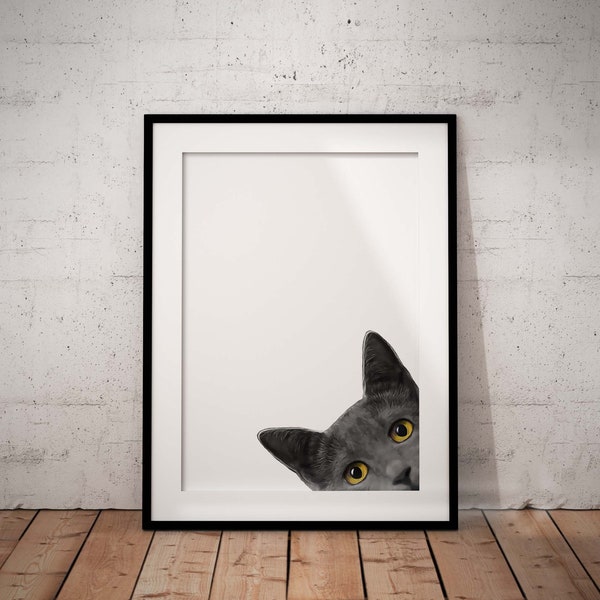 Peeking Grey Cat Giclée Art Print With Optional Personalisation, 4 Different Layouts Available - UNFRAMED