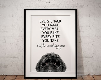 Cute, Hungry Fun Peeking Black Cockapoo Giclée Art Print With White Background, I'll Be Watching You, UNFRAMED