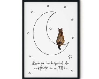 Tortie Cat on Moon Giclée Print, Pet Memorial Art, Personalised UNFRAMED