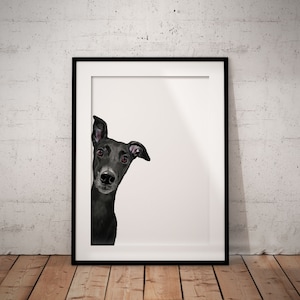 Cute, Peeking Black Greyhound, Whippet Giclée Art Print With White Background,  With Custom Name/Wording, UNFRAMED