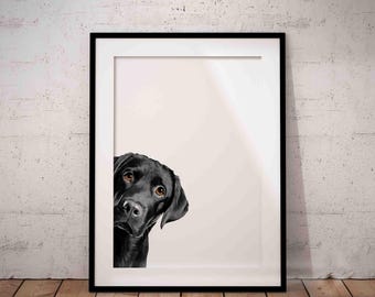 Black Labrador Peeking Art Print – Dog Lover Gift, Unframed Giclée