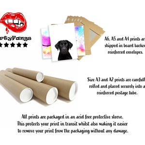 May include: A brown cardboard tube with white end caps. The tube is used for shipping rolled prints. The text "A6, A5 and A4 prints are shipped in board backed reinforced envelopes. Size A3 and A2 prints are carefully rolled and placed securely into a reinforced postage tube." is visible in the image.