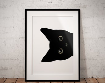 Black Cat Peek Art Print, Whimsical Cat Lover Gift, UNFRAMED