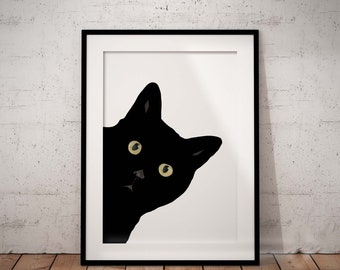 Peeking Black Cat Art Print, Optional Personalisation, Giclée Unframed