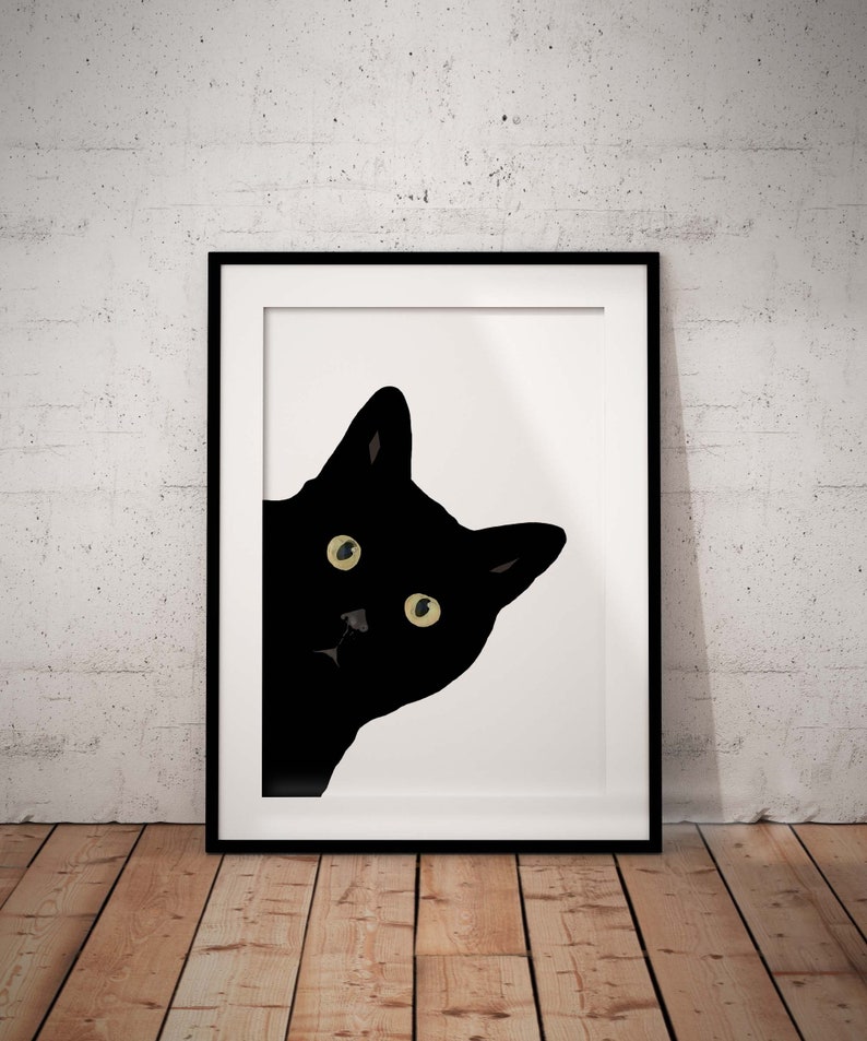 Cute, Peeking Black Cat Giclée Art Print With Optional Personalisation, Unframed image 1