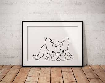 May include: Black and white line art print of a French bulldog lying down. The dog is looking at the viewer with its ears perked up.