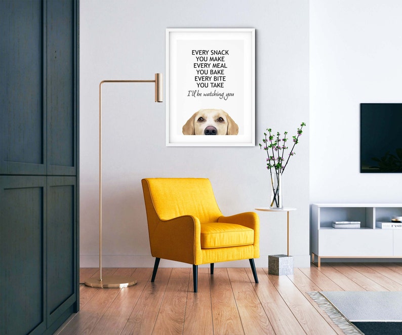 Puede incluir: Una impresi&oacute;n enmarcada en blanco con un perro Labrador Retriever amarillo mirando a la c&aacute;mara. El texto en la impresi&oacute;n dice "Every snack you make, every meal you bake, every bite you take, I'll be watching you."