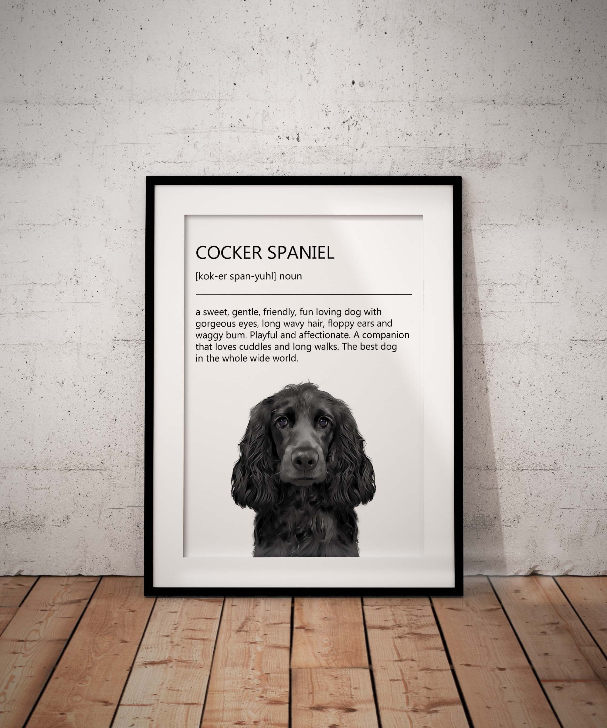Cute, Fun Black Cocker Spaniel Definition Giclée Art Print With White ...