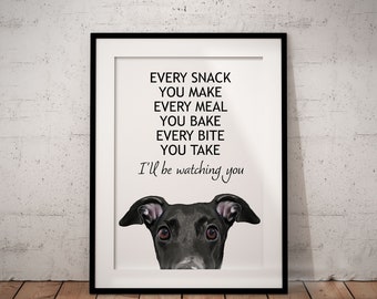 Cute, Peeking, Hungry  Black Greyhound, Every Meal You Make, Whippet Giclée Art Print With White Background, UNFRAMED