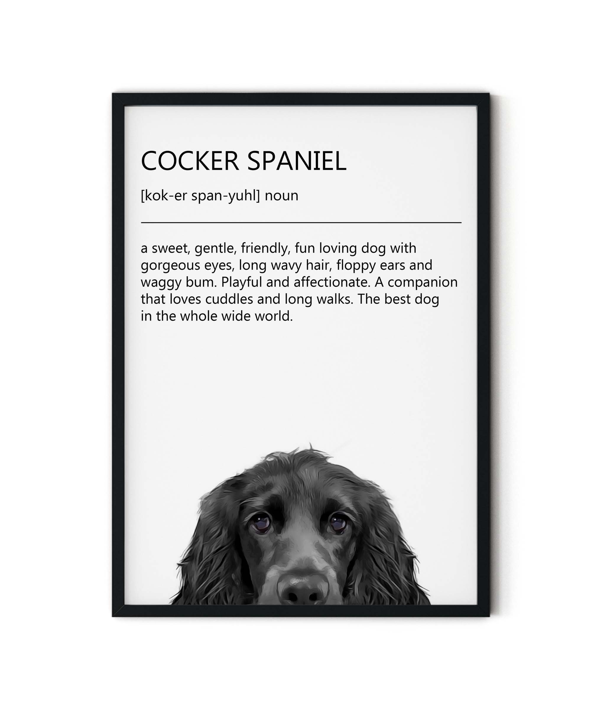 Cute, Fun Black Cocker Spaniel Definition Giclée Art Print With White ...