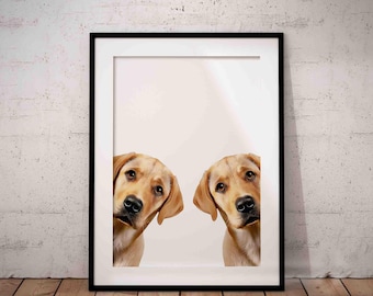 UNFRAMED 2 Golden / Yellow Labradors Wall Art – Peeking Dog Giclée Print – Funny Lab Illustration – Lab Test Pet Portrait – A6 - A2 Sizes