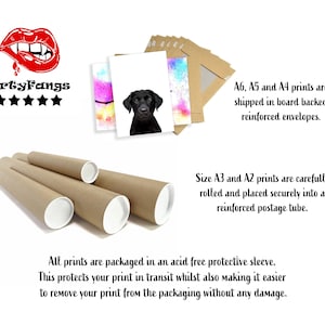 May include: A brown cardboard tube with white end caps. The tube is used for shipping rolled prints. The text "A6, A5 and A4 prints are shipped in board backed reinforced envelopes. Size A3 and A2 prints are carefully rolled and placed securely into a reinforced postage tube." is visible in the image.