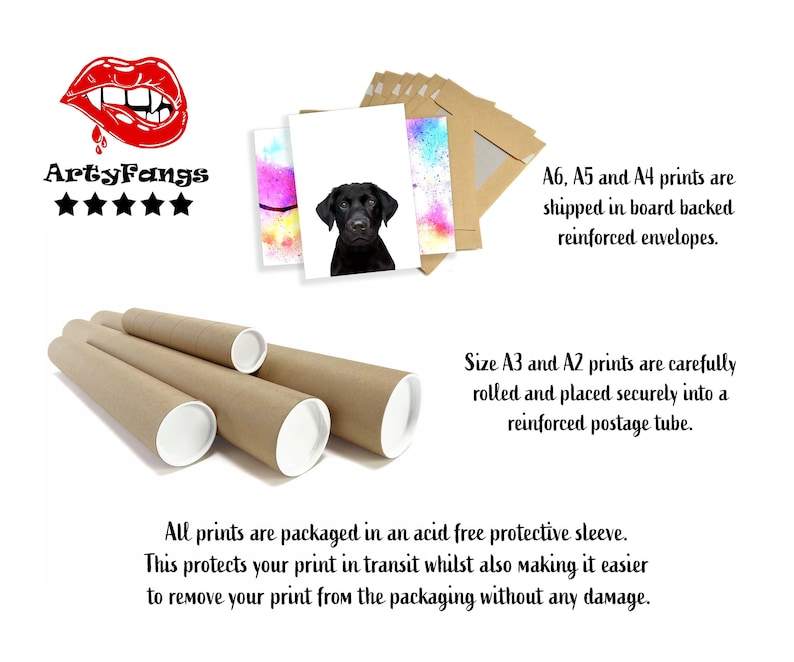 May include: A brown cardboard tube with white end caps. The tube is used for shipping rolled prints. The text "A6, A5 and A4 prints are shipped in board backed reinforced envelopes. Size A3 and A2 prints are carefully rolled and placed securely into a reinforced postage tube." is visible in the image.