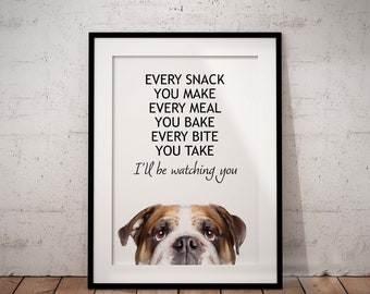 Cute, Hungry Fun Peeking British Bulldog, English Bulldog Giclée Art Print With White Background, I'll Be Watching You, UNFRAMED