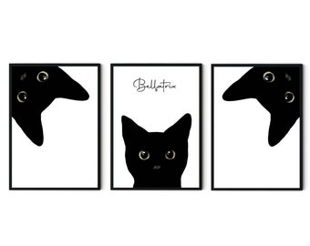 Peeking Black Cat Wall Art Set Of 3 Prints UNFRAMED
