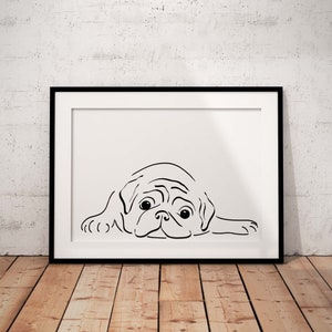 Cute, Simple Pug Line Art Print On A White Background, Personalised Pet Print, Unframed