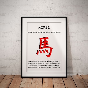 Impression giclée d'art horoscope lunaire chinois personnalisé du zodiaque, année du cheval, cadeau de baby shower personnalisé d'anniversaire, sans cadre