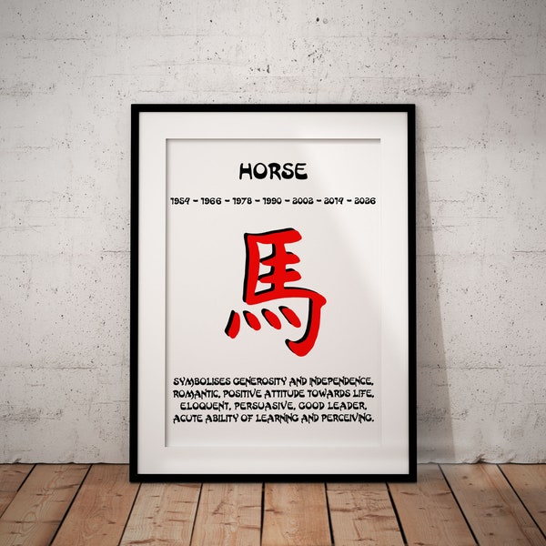 Personalised Chinese Lunar Horoscope Zodiac Giclée Art Print, Year Of The Horse, Birthday Customised Baby Shower Gift, UNFRAMED