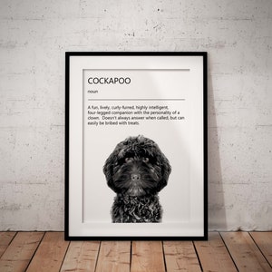 May include: Framed print featuring a black and white image of a Cockapoo dog. The print includes the word "COCKAPOO" and a definition describing the dog's characteristics. The dog has curly fur and is centered in the frame.